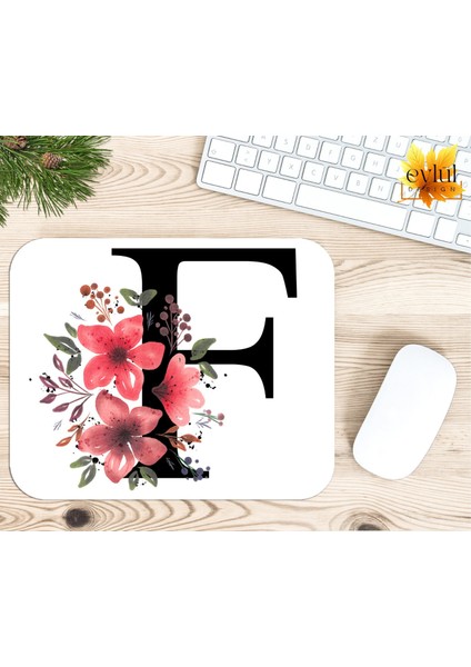 F Harfi Pembe Çiçekli Baskılı Özel Tasarım Dikdörtgen Kaydırmaz Mousepad