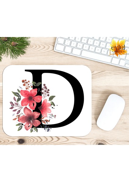 D Harfi Pembe Çiçekli Baskılı Özel Tasarım Dikdörtgen Kaydırmaz Mousepad