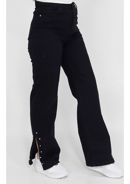 1420 Yırtmacı Taş Deatylı Geniş Paça Kot Pantolon modelleri