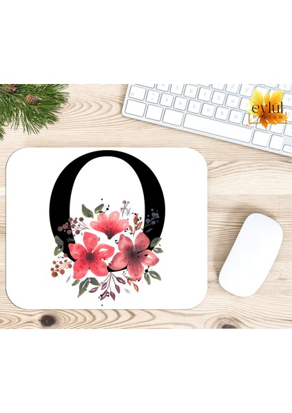 O Harfi Pembe Çiçekli Baskılı Özel Tasarım Dikdörtgen Kaydırmaz Mousepad