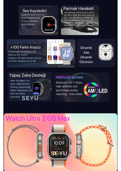 49 mm Watch Ultra 2 Max Amoled Gs Ultra 2 Akıllı Saat Tüm Telefonlara Iphone ve Android Uyumlu Smar