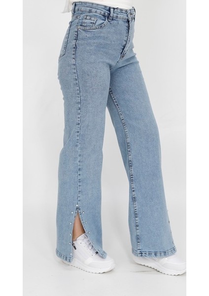 1420 Yırtmacı Taş Deatylı Geniş Paça Kot Pantolon