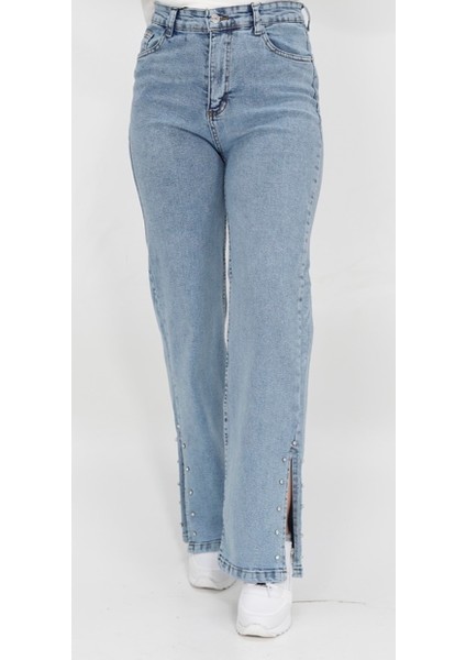 1420 Yırtmacı Taş Deatylı Geniş Paça Kot Pantolon modelleri