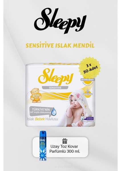 150 Adet Sensitive Islak Mendil, Toz Kovar Hediyeli