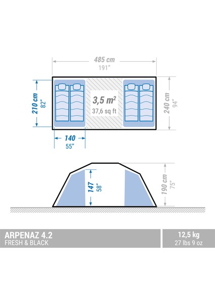 4 Kişilik Kamp Çadırı - 2 Odalı - Arpenaz 4.2 Fresh & Black