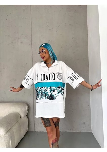 Baskılı Yarım Fermuarlı T-Shirt Beyaz modelleri