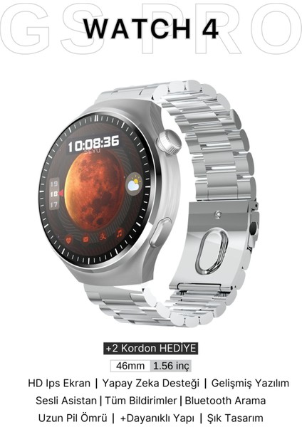 1.5" - 2" Watch Gs 4 Pro Akıllı Saat Iphone ve Android Tüm Telefonlara Uyumlu Nfc&arama Gümüş Smart