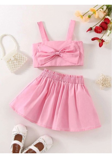 Kız Çocuk Papyonlu Üst ve Pileli Etekli Takım