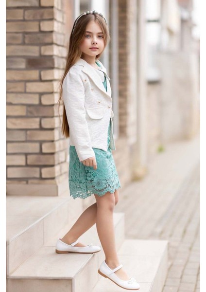 Kız Çocuk Sahte Cepli Blazer Ceket Dantelli Çiçek Işlemeli Bebe Yakalı Yeşil Elbise fiyatları