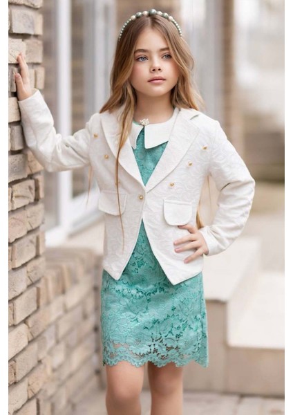 Kız Çocuk Sahte Cepli Blazer Ceket Dantelli Çiçek Işlemeli Bebe Yakalı Yeşil Elbise modelleri