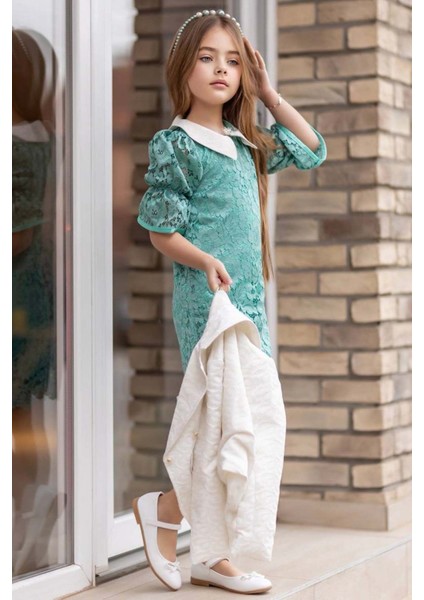 Kız Çocuk Sahte Cepli Blazer Ceket Dantelli Çiçek Işlemeli Bebe Yakalı Yeşil Elbise fırsatları