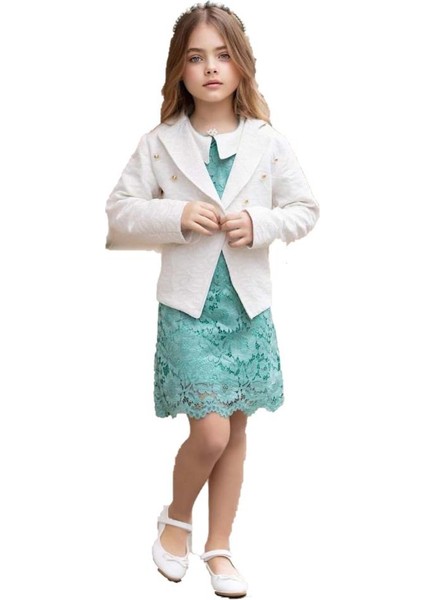 Kız Çocuk Sahte Cepli Blazer Ceket Dantelli Çiçek Işlemeli Bebe Yakalı Yeşil Elbise indirimleri