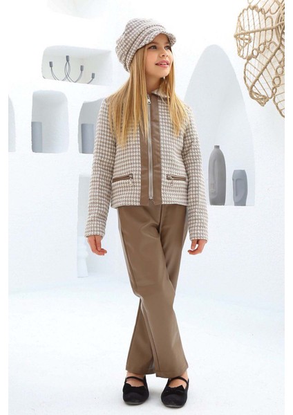 Kız Çocuk Şanel Kumaş Ceket ve Deri Pantolon Kahverengi Alt Üst Takım