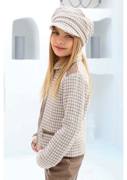 Kız Çocuk Şanel Kumaş Ceket ve Deri Pantolon Kahverengi Alt Üst Takım modelleri