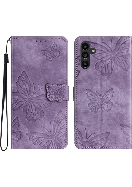 A15 5g Case Kelebek Basılı Cep Telefonu Deri Kapağı Strap Purpletelefon Kılıfı (Yurt Dışından)