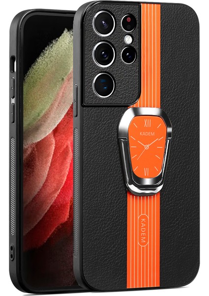 Seashell Digital Samsung Galaxy S21 Ultra 5g Kasa Katlama Kickstand Deri+Tpu+Akrilik Telefon Orange Telefon Kılıfı (Yurt Dışından)