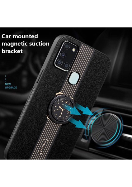 Samsung Galaxy A21S Için Kadem Case Pu Deri+Tpu+Ring Kickstand Akrilik Koruyucu Telefon Kılıfı (Yurt Dışından)