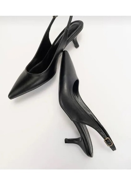 Alin Arkası Açık Rahat Kısa Topuklu Siyah Kadın Stiletto