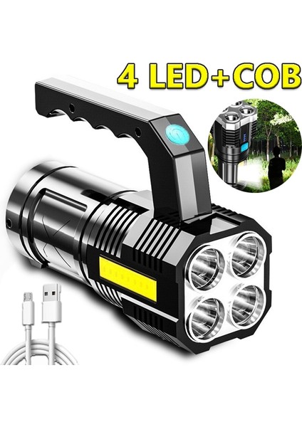 Süper Parlak Dört Kafalı Işık USB Şarj Edilebilir Iç Mekan / Dış Mekan Için Taşınabilir Su Geçirmez El Feneri (Yurt Dışından)