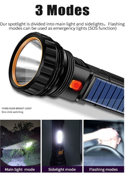 Taşınabilir 2in1 Güneş/usb Şarj Edilebilir Iki Modlu LED Torch Acil Durum Strobe Işık Su Geçirmez Cob Yan Işık Ev Çalışması Yürüyüş Için (Yurt Dışından)