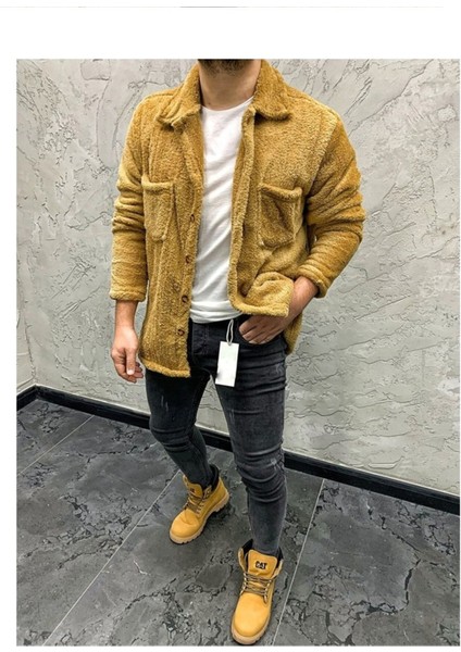 Unisex Welsoft Cep Detaylı Düğmeli Kalın Pelüş Ceket