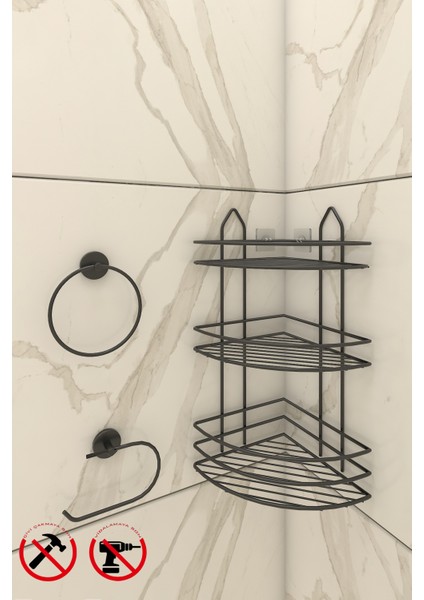 Ömür Boyu Paslanmaz Yapışkanlı Siyah 3 Katlı Banyo Köşe Rafı EK03, Lotus Siyah Halka Havluluk, Lotus Siyah Açık Kağıtlık fiyatları