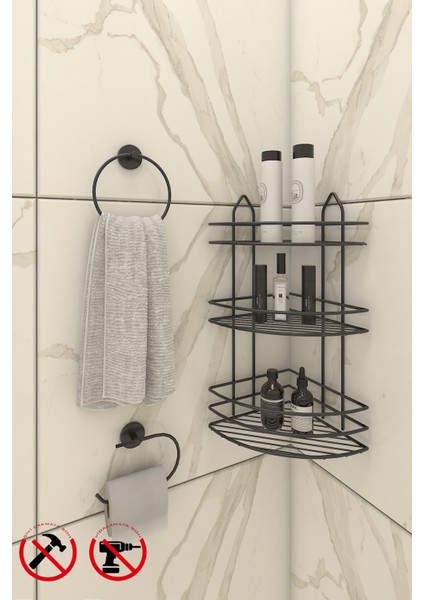 Ömür Boyu Paslanmaz Yapışkanlı Siyah 3 Katlı Banyo Köşe Rafı EK03, Lotus Siyah Halka Havluluk, Lotus Siyah Açık Kağıtlık