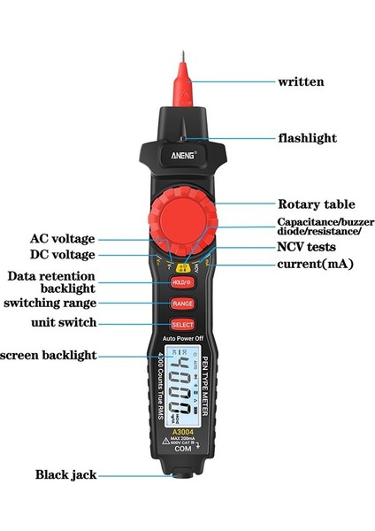 Bochang Temassız Dijital Multimetre Kalem Tipi Multitester Ac/dc Gerilim Direnç Kapasite Diyot Süreklilik Ölçer Voltmetre Ampermetre, Test Probu ile Arka Plan Işığı (Yurt Dışından)