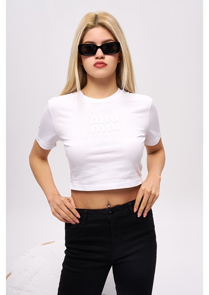 Miu Yazılı Beyaz Crop T-Shirt Pamuklu T-Shirt Basic T-Shirt Bluz