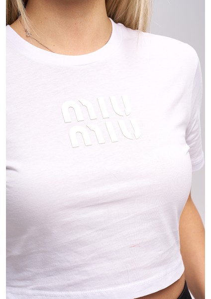 Miu Yazılı Beyaz Crop T-Shirt Pamuklu T-Shirt Basic T-Shirt Bluz