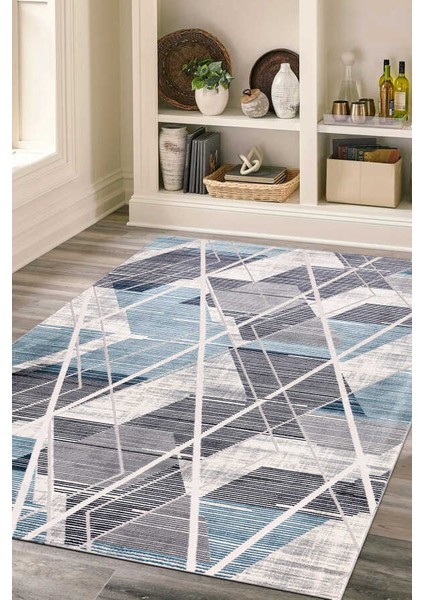 Troya Mavi Krem Halı Yumuşak Oturma Odası Salon Çocuk Odası Mutfak Halısı J0065 150 x 230