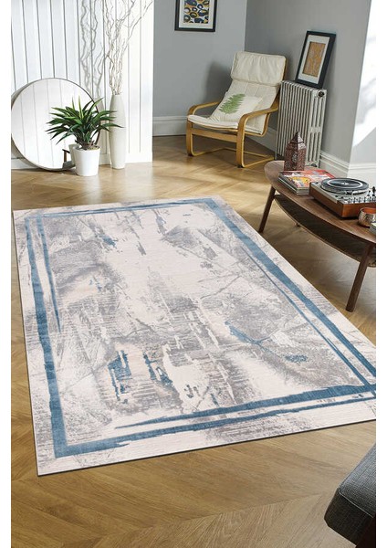 Troya Krem Mavi Halı Yumuşak Oturma Odası Salon Çocuk Odası Mutfak Halısı J0067 80 x 300