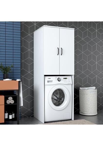 KD110 Çamaşır Makinesi Dolabı 2 Kapaklı 2 Raflı Banyo Dolabı Beyaz