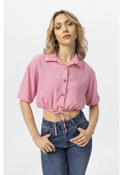 Kadın Eteği Kolu Büzgü Detaylı Düğme Kapamalı Keten Bluz