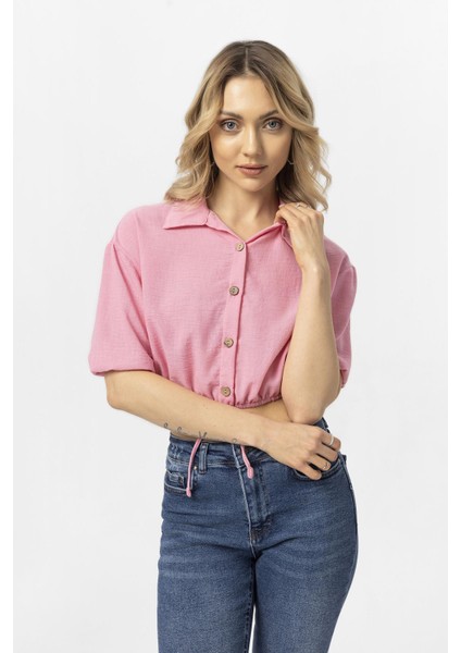 Kadın Eteği Kolu Büzgü Detaylı Düğme Kapamalı Keten Bluz fiyatları