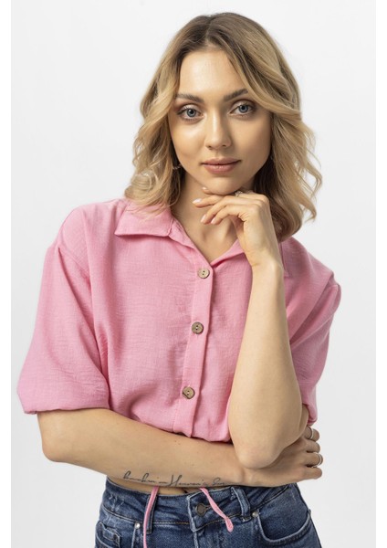 Kadın Eteği Kolu Büzgü Detaylı Düğme Kapamalı Keten Bluz fırsatları