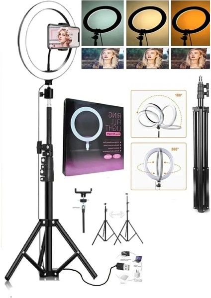10"inç Ring Light Youtuber Tiktok Çekim Işıklı Telefon Tutucu Influencer Makyaj Işığı 2.10 M