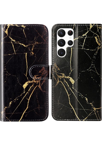 Samsung Galaxy S24 Ultra Deseni Baskı Deri Koruyucu Siyah Mermer Telefon Kılıfı (Yurt Dışından)