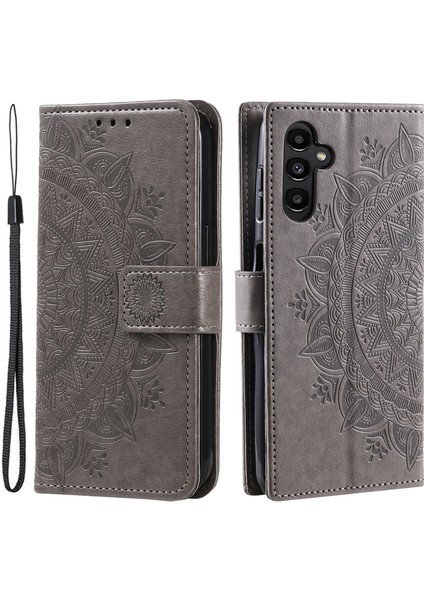 Samsung Galaxy A05S 4g Deri Deri Mandala Çiçek Telefe Grey Telefon Kılıfı (Yurt Dışından)