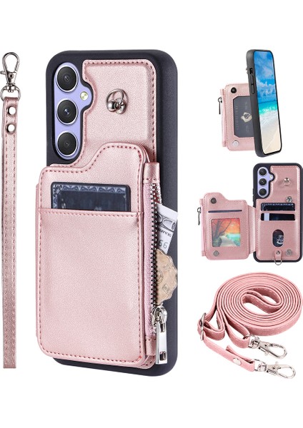 Samsung Galaxy A54 5g Rfıd Engelleme Fermuar Koruyucu Pu Deri+Tpu Straps Gold Telefon Kılıfı (Yurt Dışından)