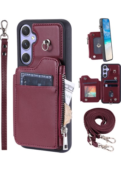 Samsung Galaxy A54 5g Rfıd Engelleme Fermuar Koruyucu Pu Deri+Tpu Straps Red Telefon Kılıfı (Yurt Dışından)