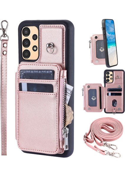 Samsung Galaxy A13 4g/5g Rfıd Engelleme Fermuar Pu Deri Kaplamalı Tpu Straps Telefon Kılıfı (Yurt Dışından)
