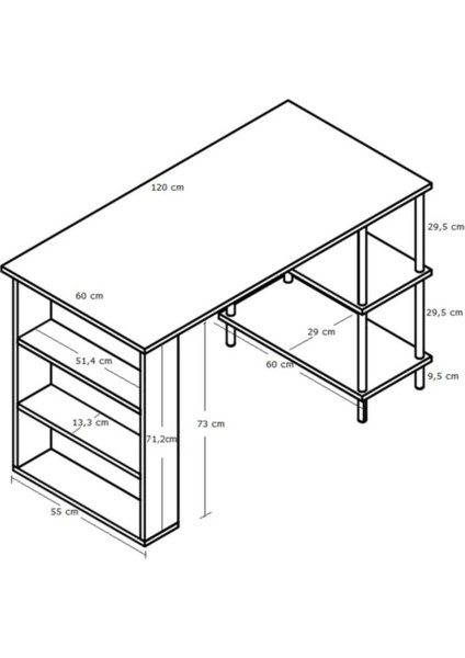 Çalışma Masası Bilgisayar Masası Ofis Ders Masası 4 Raflı Ahşap Ayaklı