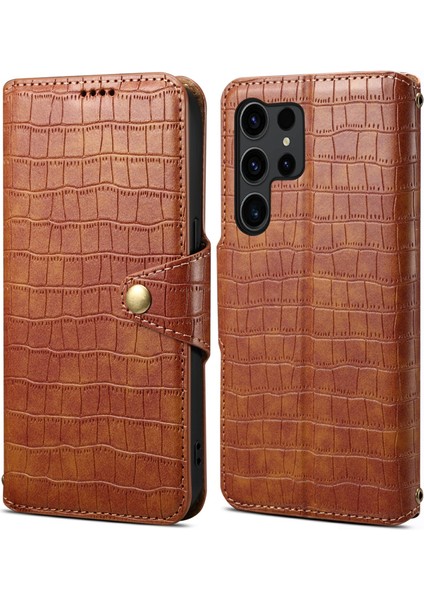Samsung Galaxy S24 Ultra Cep Damla Geçirmez Timsah Doku Kahverengi Telefon Kılıfı (Yurt Dışından)