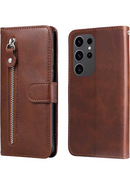 Samsung Galaxy S24 Ultra Pu Deri Fermuar Kahverengi Telefon Kılıfı (Yurt Dışından)