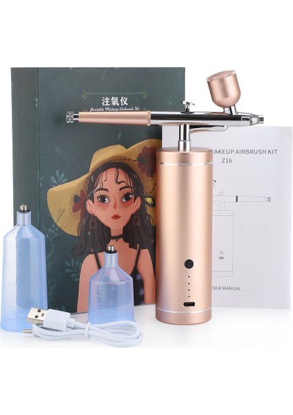 Altın Tarzı Bayan Sevgili Oksijen Enjektör Mini Hava Kompresörü Kiti Püskürtme Tabancası Airbrush Tırnak Sanat Dövme Zanaat Kek Boya Nano Sis Mist Püskürtücü (Yurt Dışından)