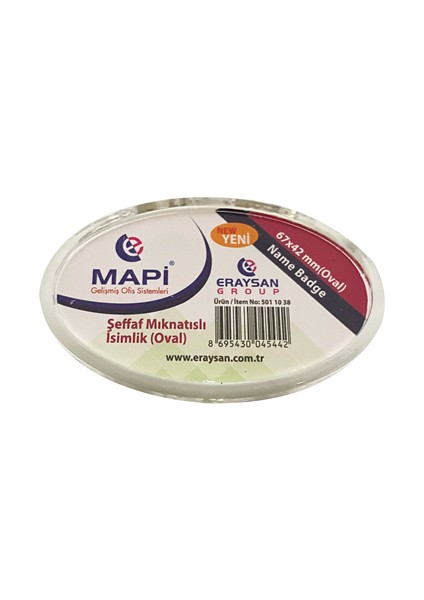 Şeffaf Mıknatıslı Isimlik (Oval) 67X42 Tekli