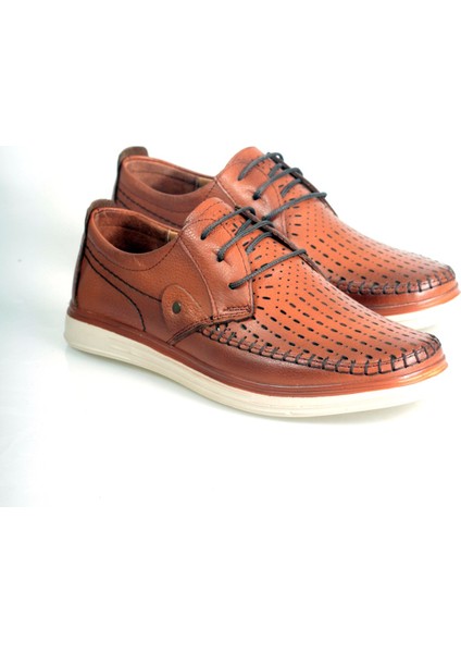 Kahverengi Deri Lazer Baskılı Erkek Bağcıklı Klasik Ayakkabı