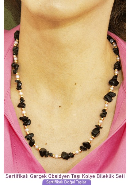 Sertifikalı Incili Siyah Obsidyen Taşlı Doğal Taş Kolye Bileklik Seti fiyatları