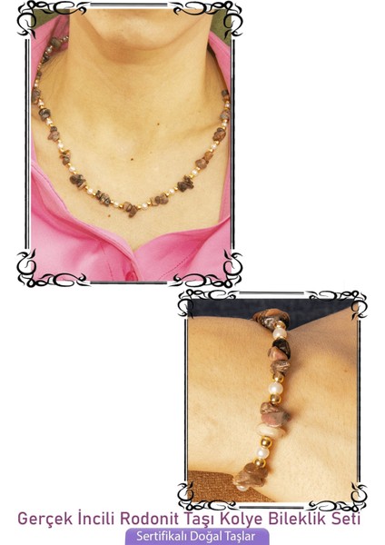 Sertifikalı Incili Rodonit Taşlı Doğal Taş Kolye Bileklik Seti